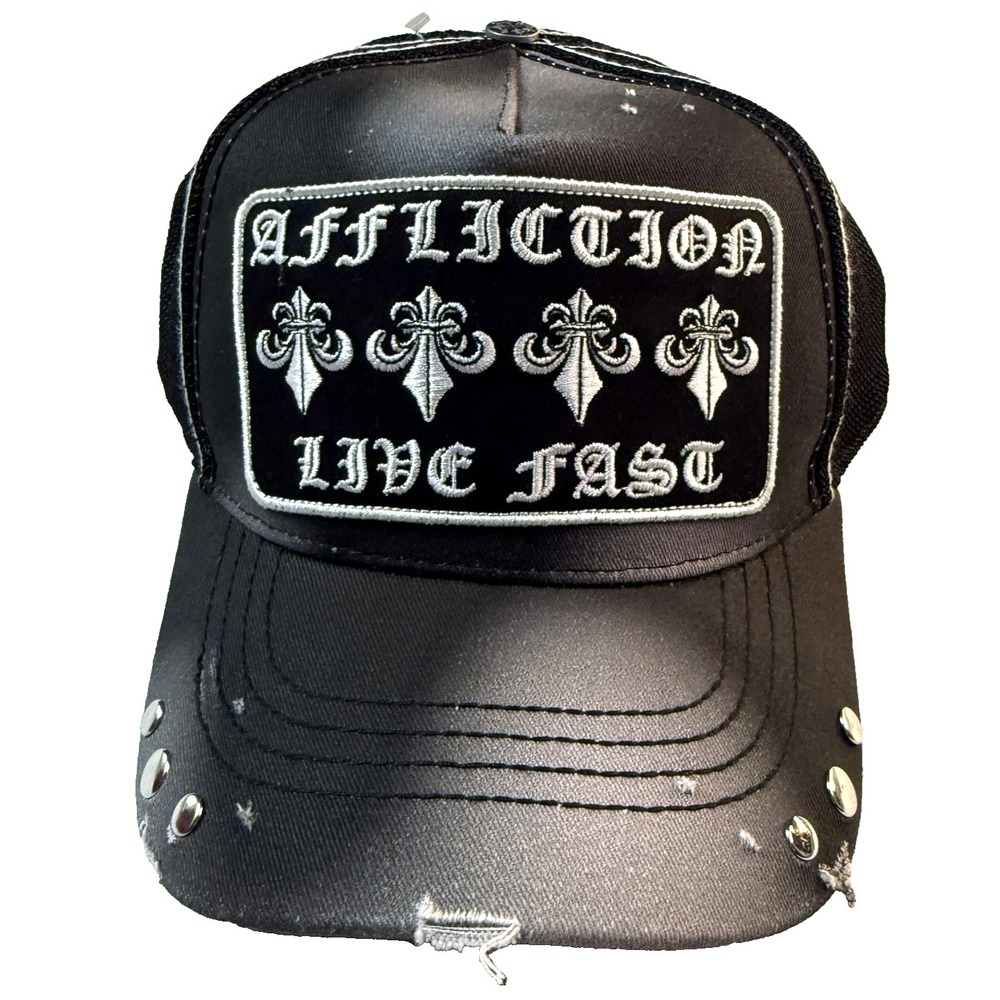 Affliction Live Fast Trucker Hat Mens Black Mesh Studded Biker Rock Streetwear